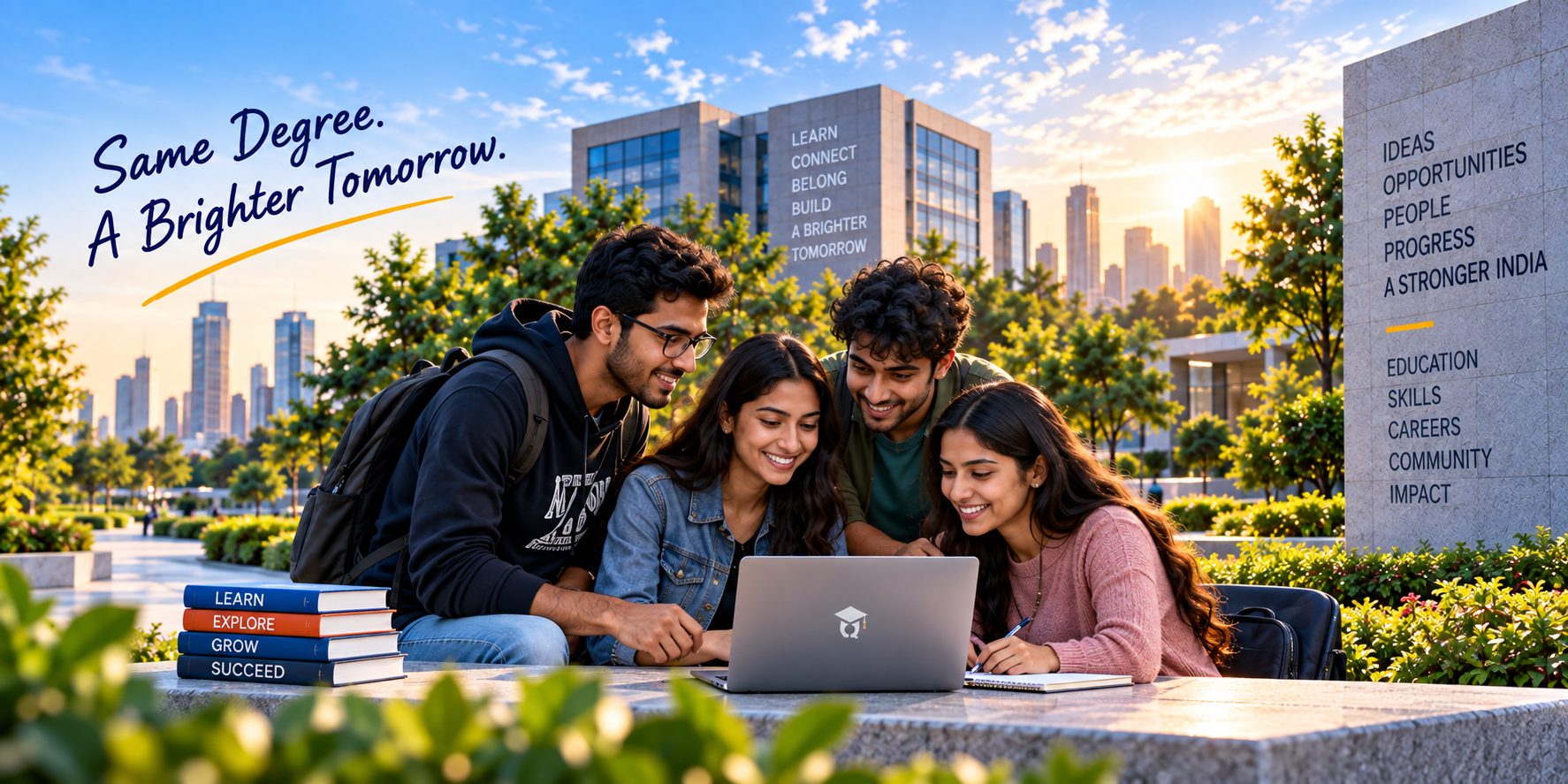 Students collaborating outside campus on BerojgarDegreeWala